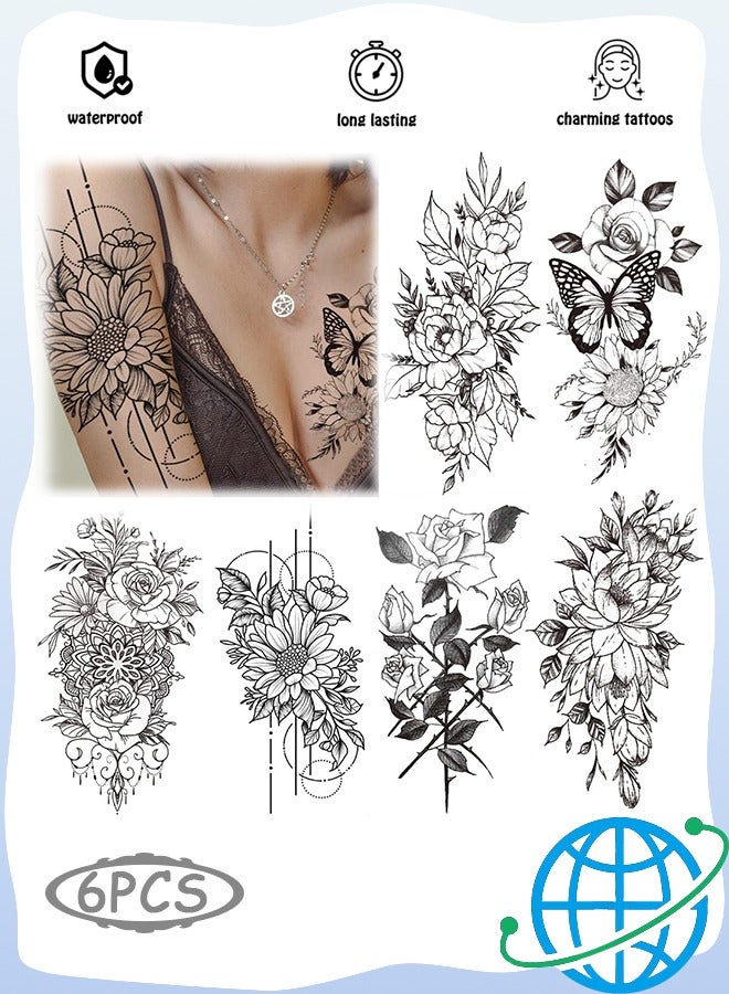 ·6 قطع من ملصقات الوشم المؤقت - وشم على شكل زهرة وهمية وشم شبه دائم على شكل نصف ذراع، وشم مزيف مقاوم للماء للنساء البالغات والبنات على الكتف والذراع والساق والظهر - Image 1